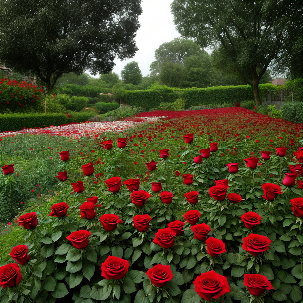 rain on red roses followers in a flower garden