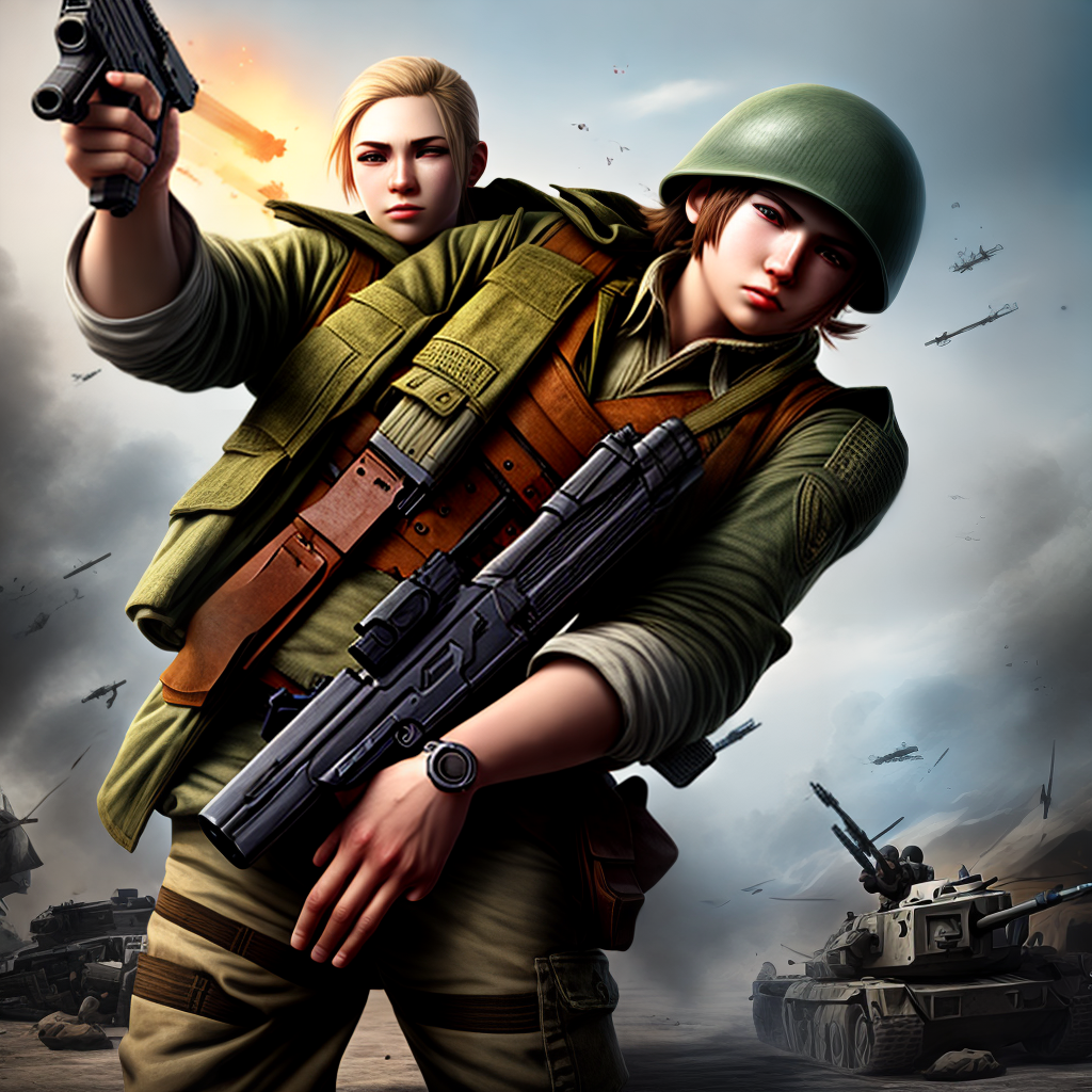 design a game character holding gun in a war scene
