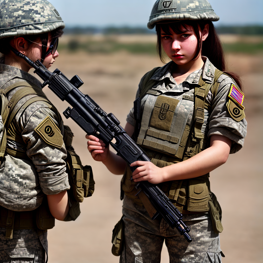 army girl holding gun in war