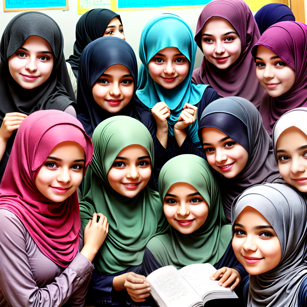 happy muslim hijab girls in class room