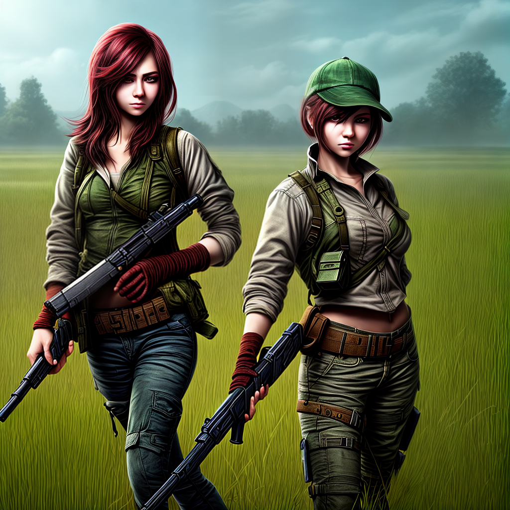 design a game character as follow, she is holding gun in one hand and knife in second hand. background is battle field