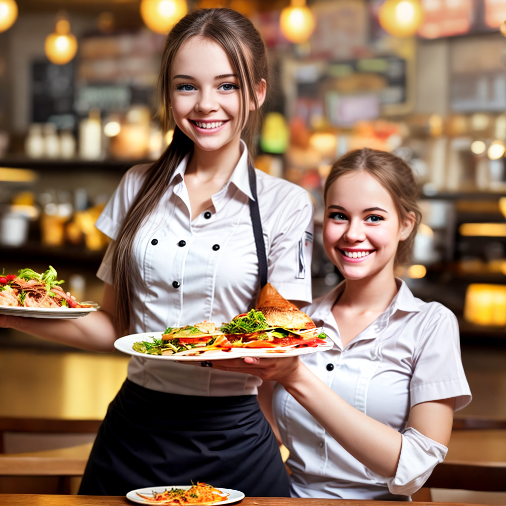 young cute waitress holding food and smiling