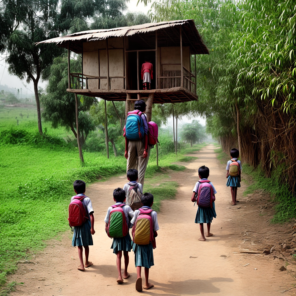 create a rural area in india kid going to school while hanging school back at back