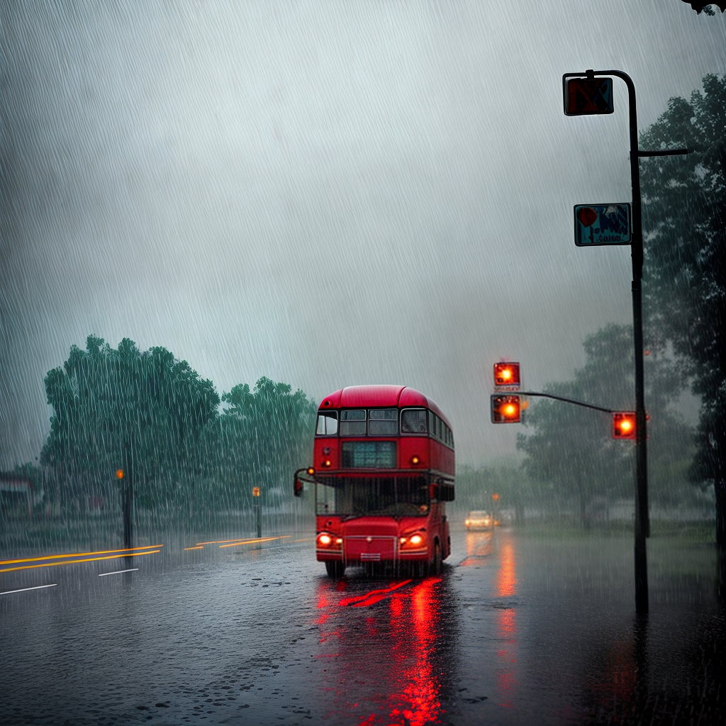 make a beautiful scene of bus on the road and heavy rain on it