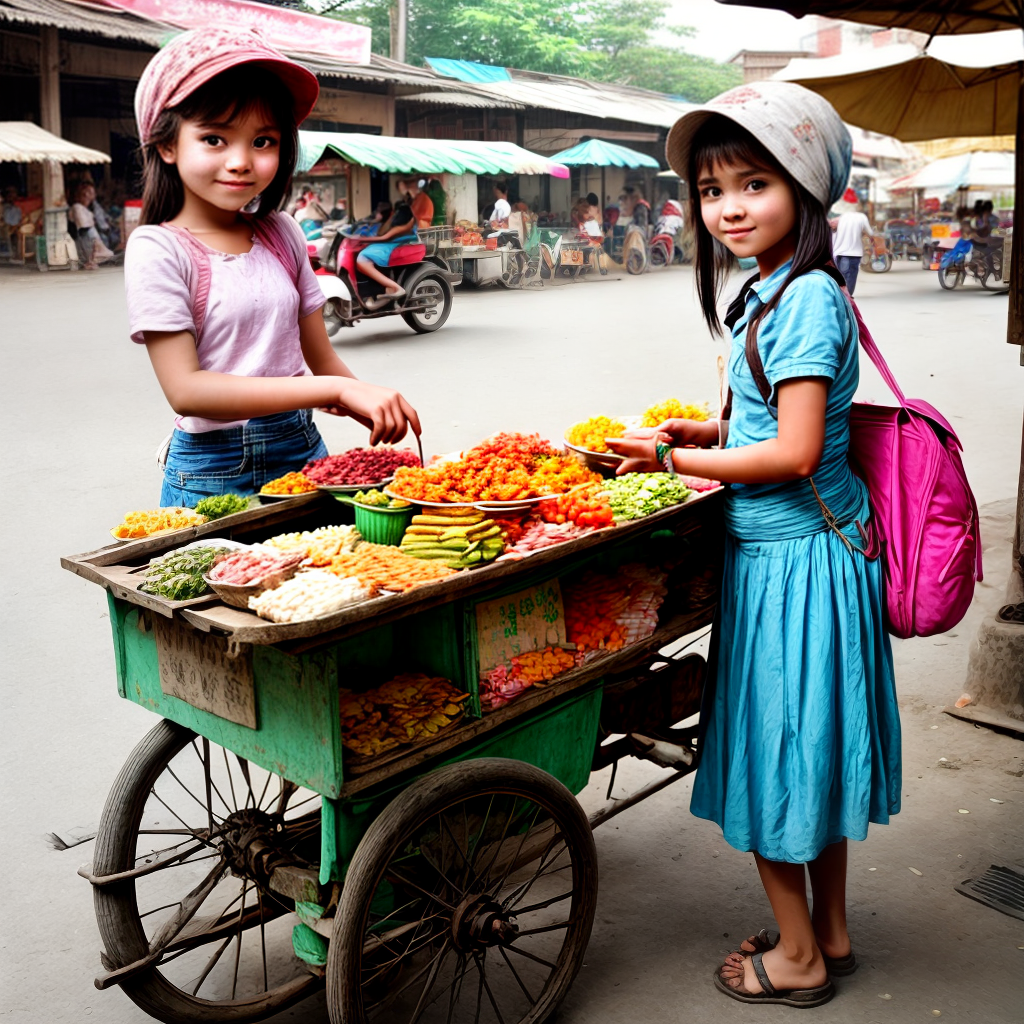 Cute and young girl selling food on cart