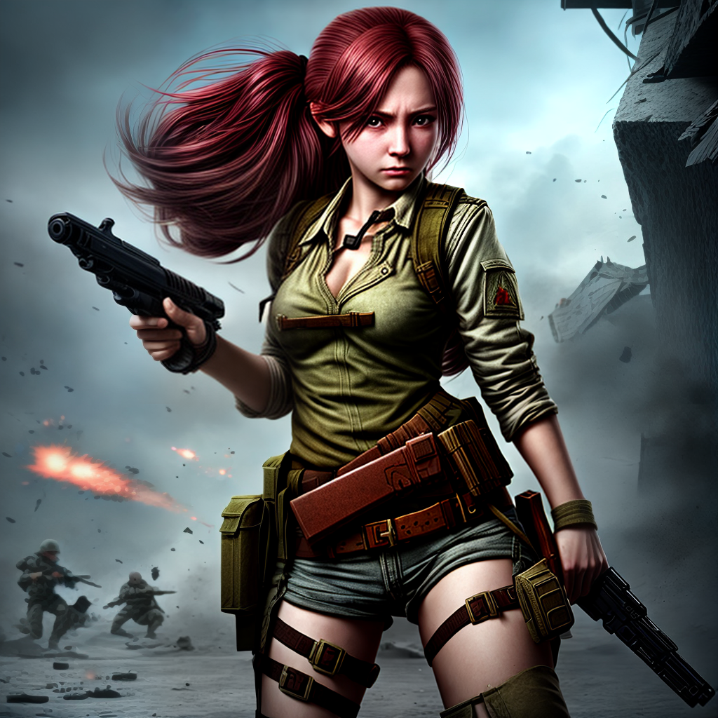 design a game female character holding gun in a war scene