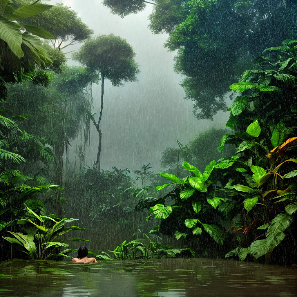 mind relaxing view of rain with followers in jungle