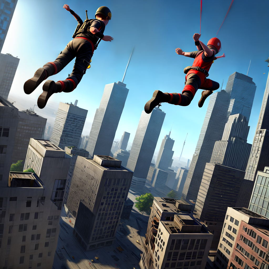design a game character as follow, boy is jumping from skyscraper with parachute and in background fire on skyscraper