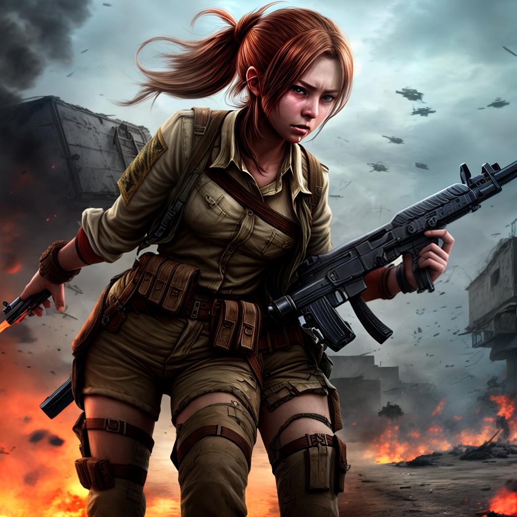 design a game female character holding gun in a war scene