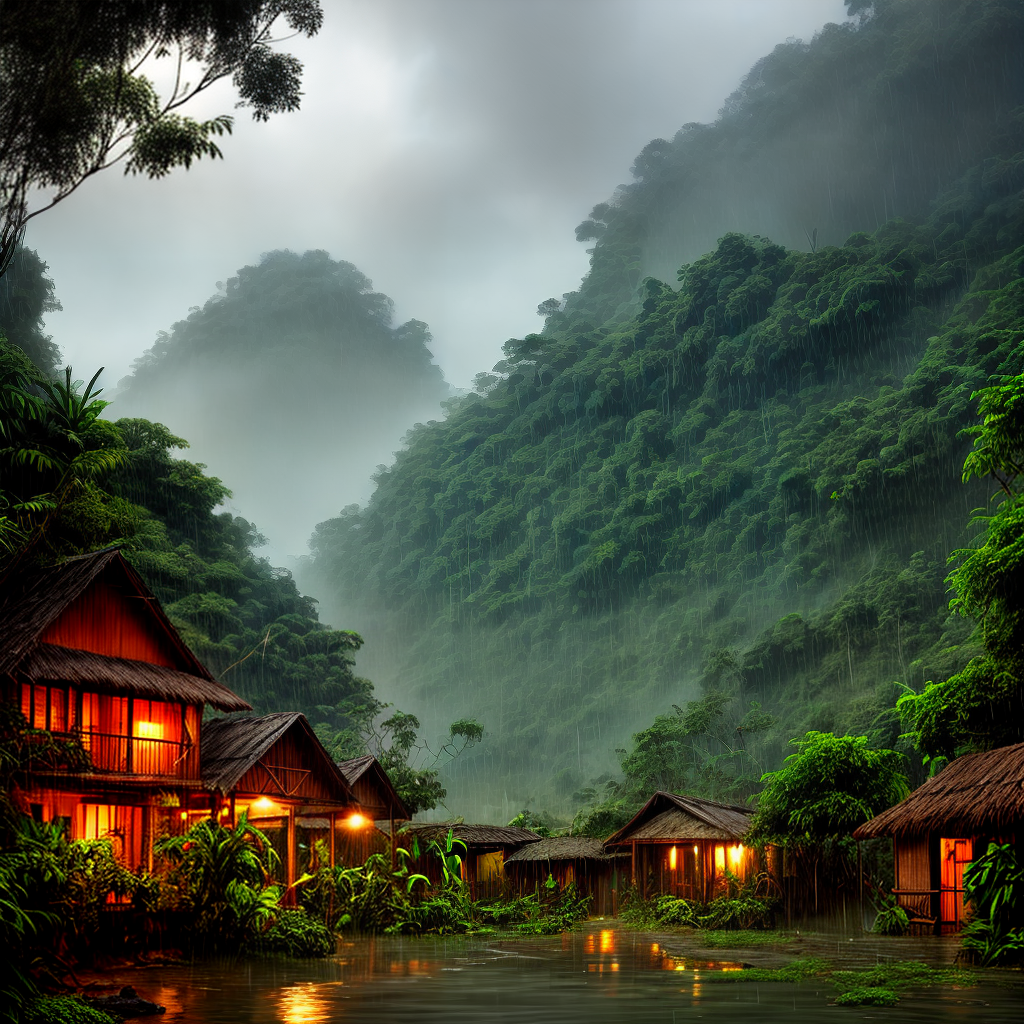 village in jungle and heavy rain and mind relaxing view