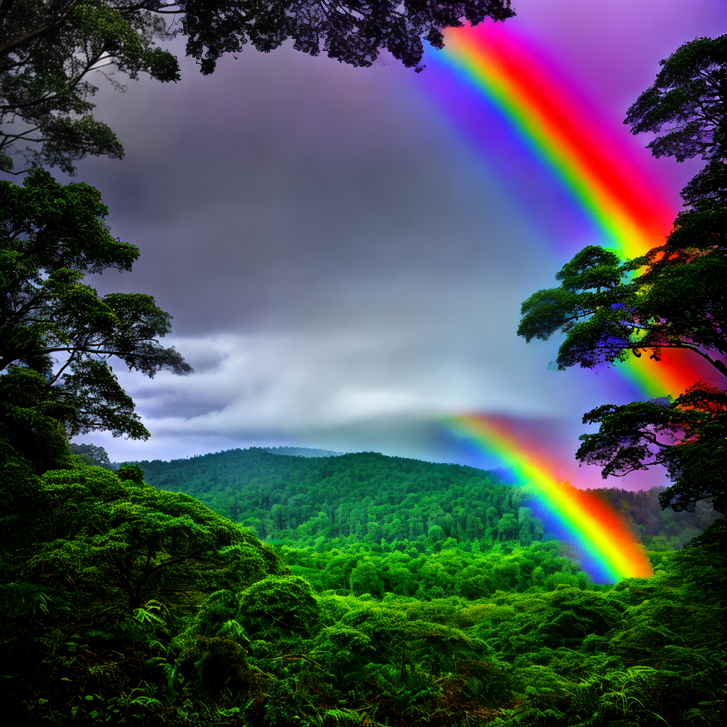 rainbow after rain over forest