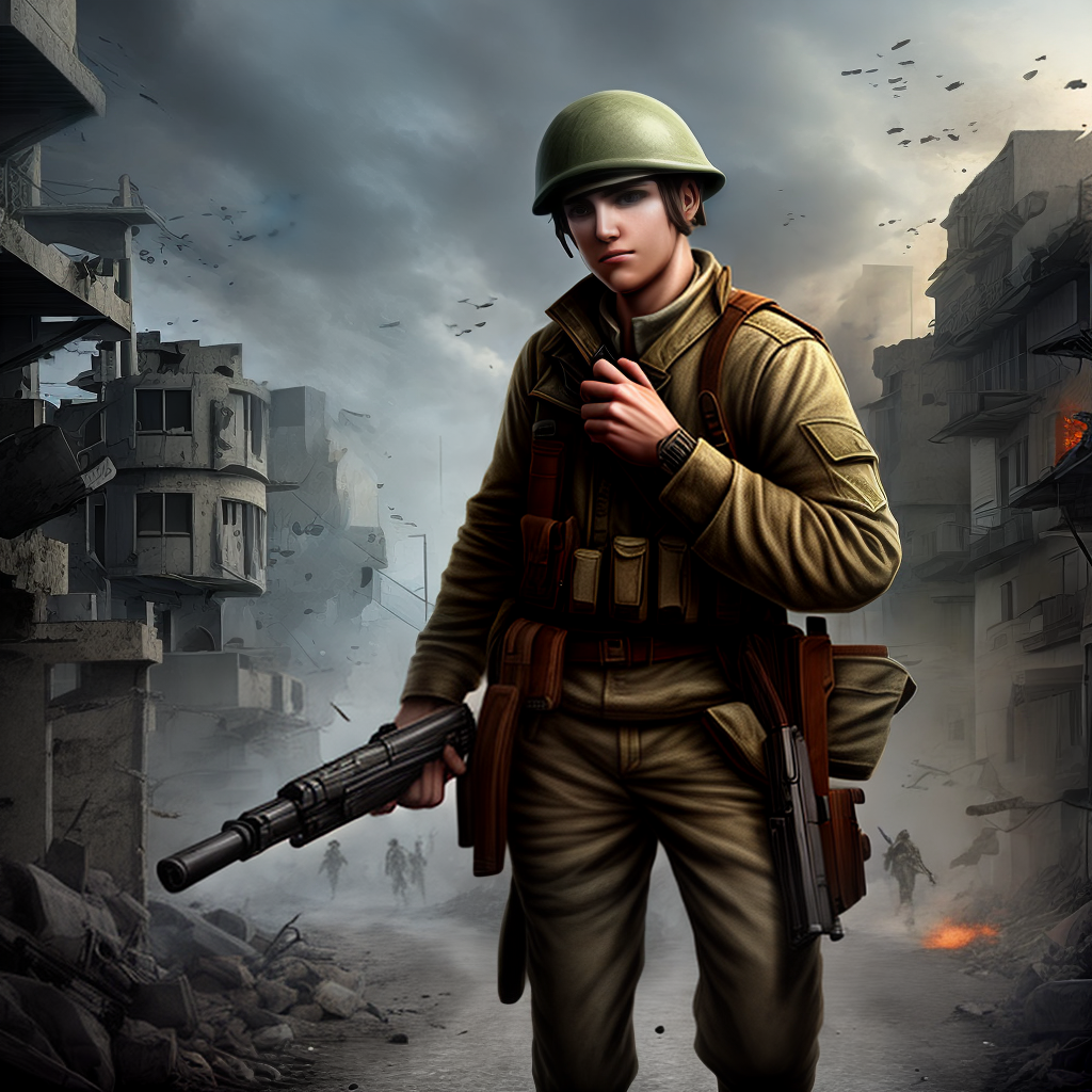 design a game character holding gun in a war scene