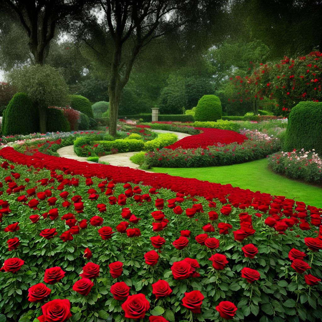 rain on red roses followers in a flower garden