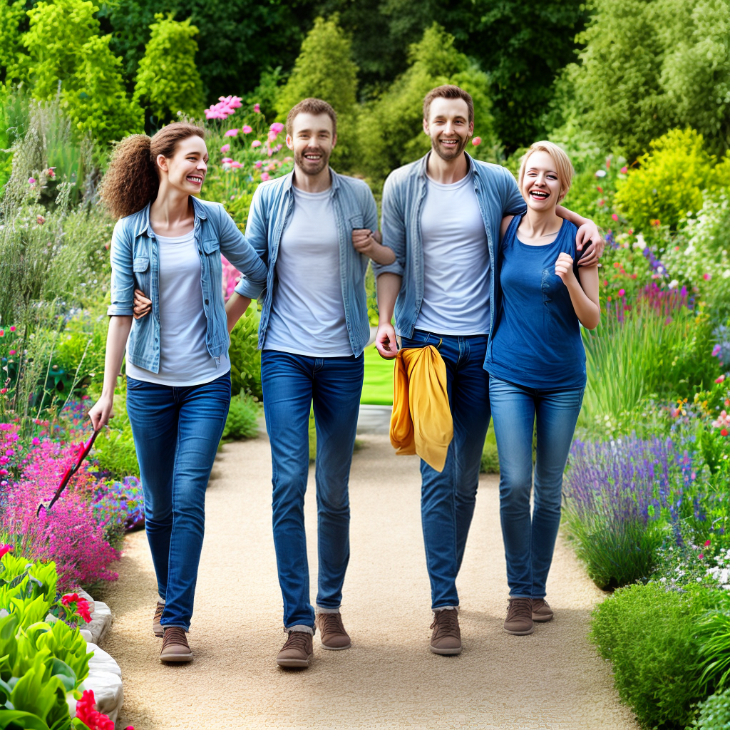 happy people walking in garden