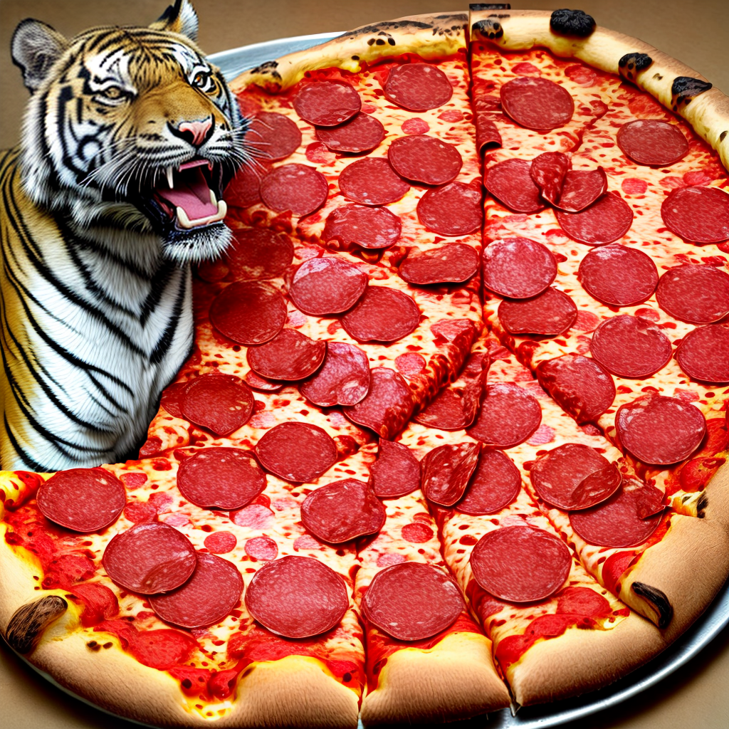 tiger eating a pepperoni pizza