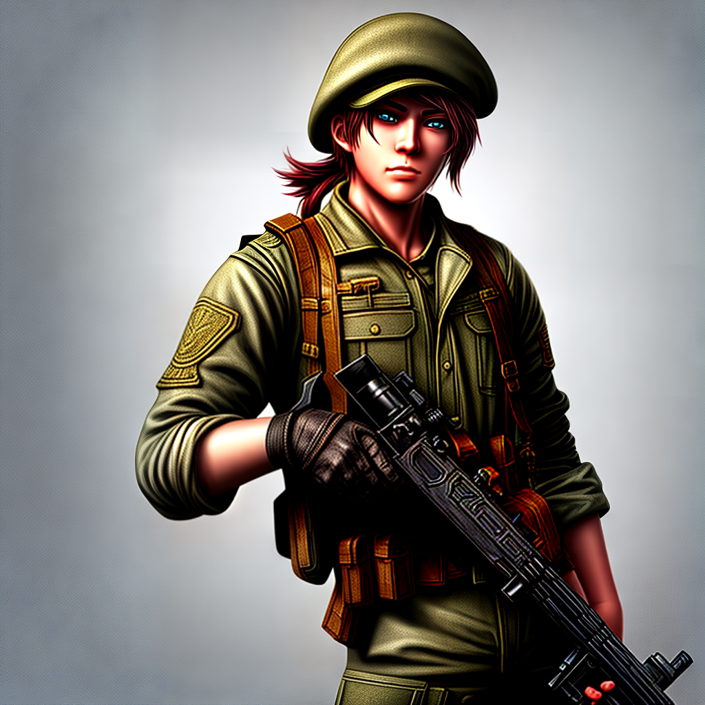 design a game character holding gun in a war scene