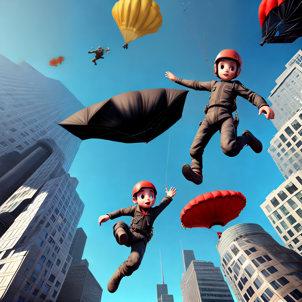 design a game character as follow, boy is jumping from skyscraper with parachute and in background fire on skyscraper