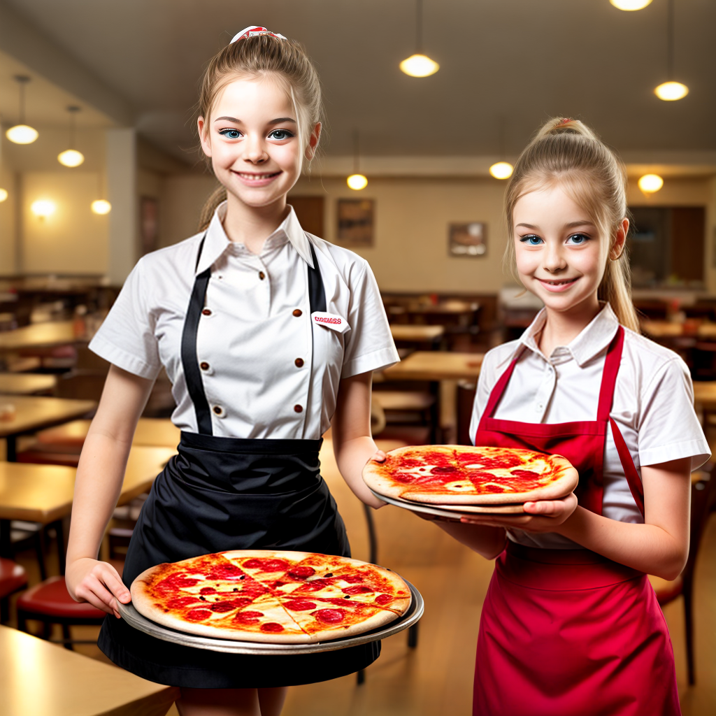 young waitress holding pizza