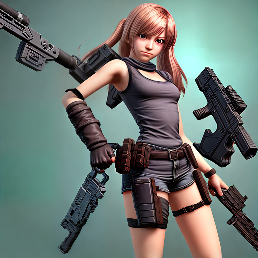 create girl game character with holding guns and arms
