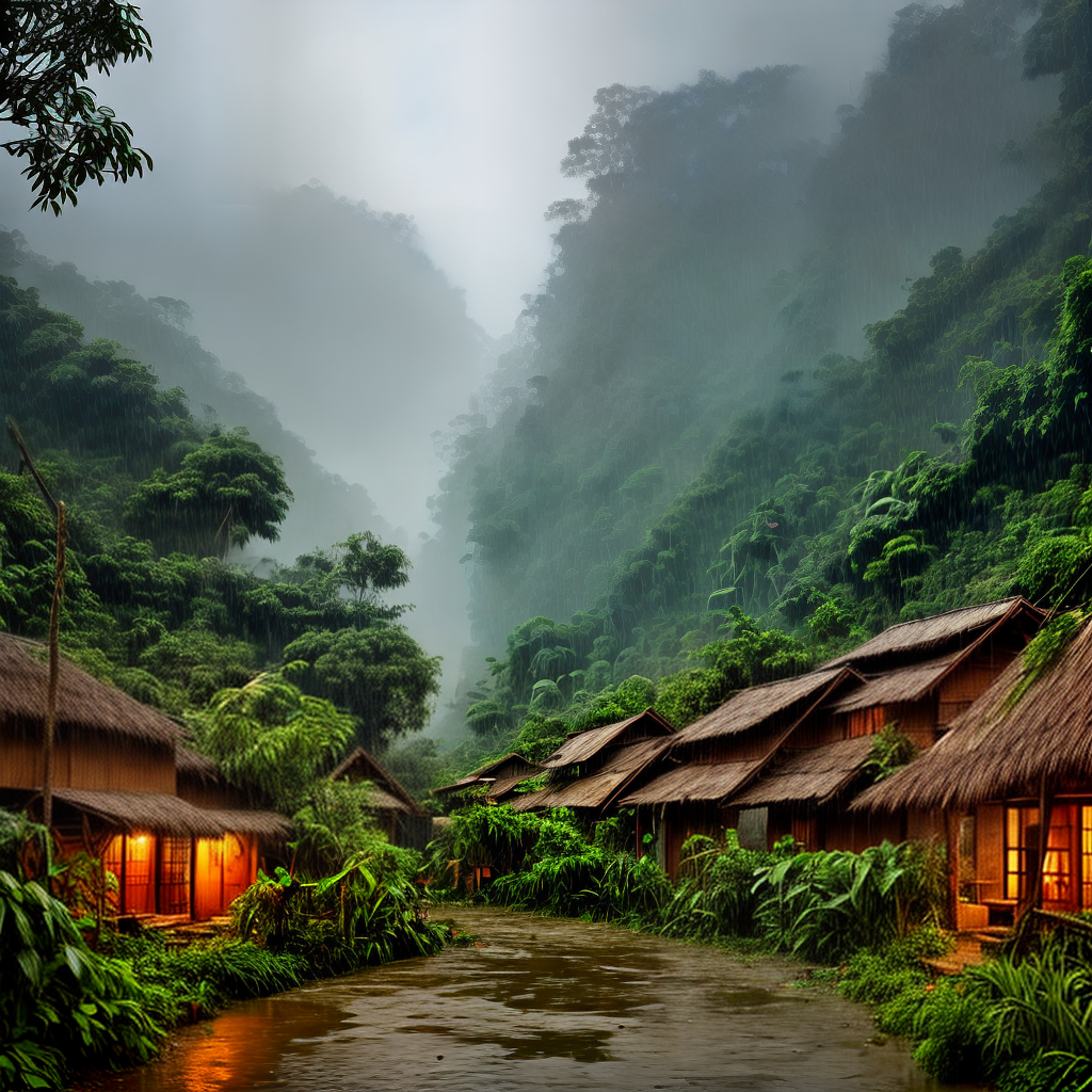 village in jungle and heavy rain and mind relaxing view