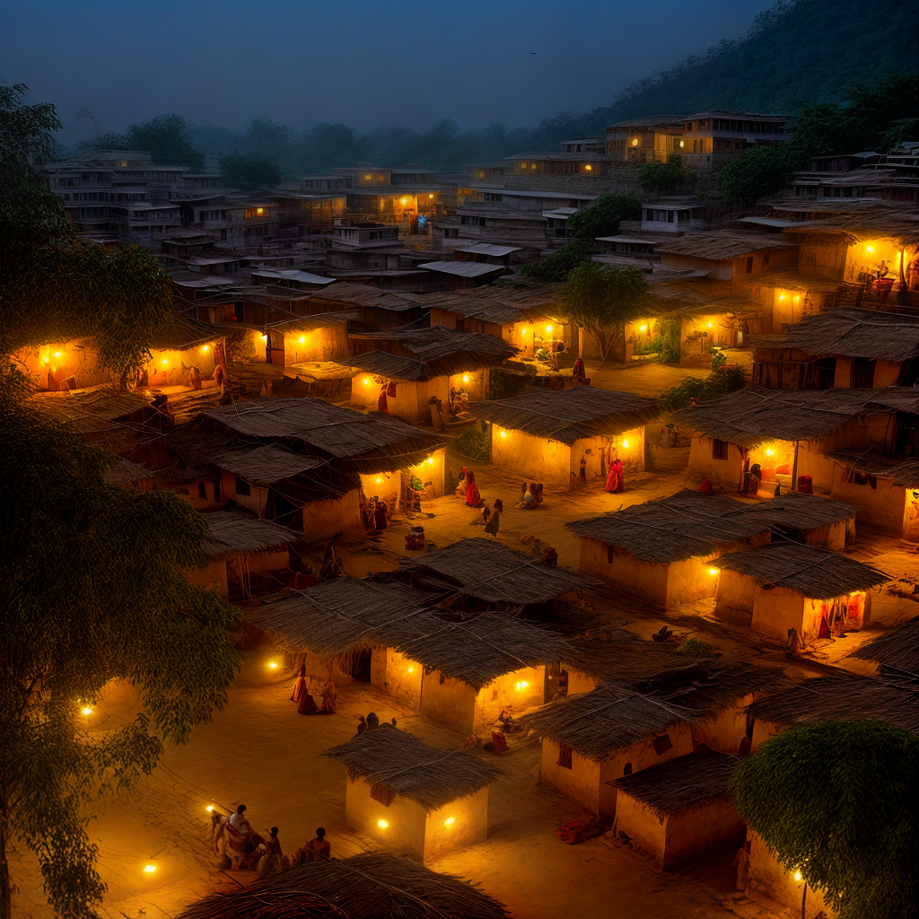 create a evening scene in a remote village in india