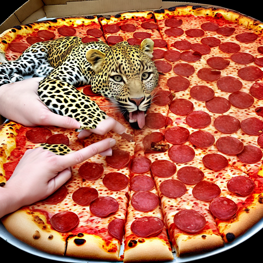 a leopard eating a pepperoni pizza
