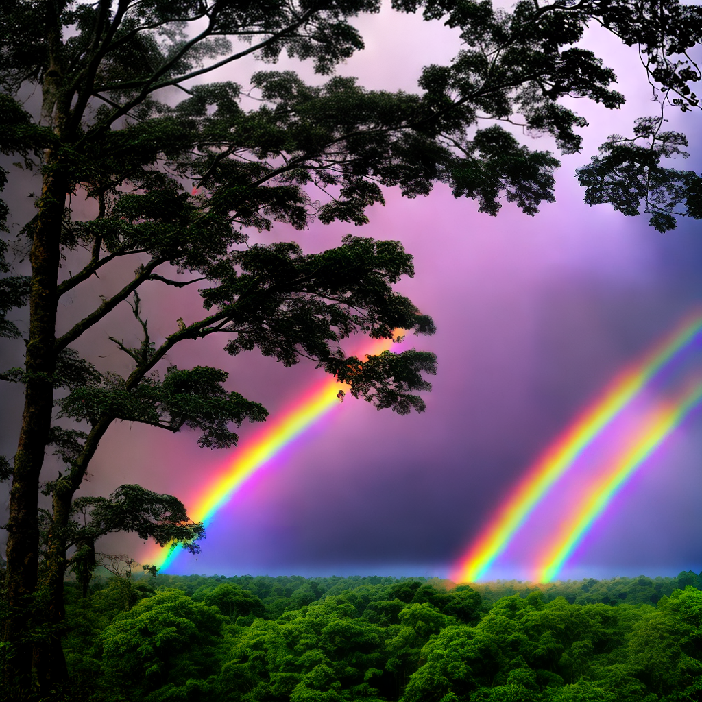 rainbow after rain over forest
