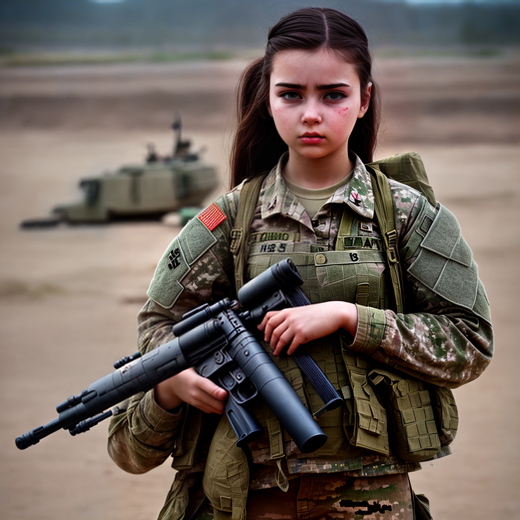 army girl holding gun in war