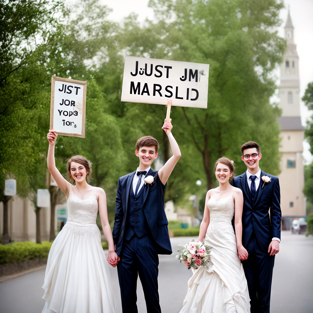 young couple with just married sign