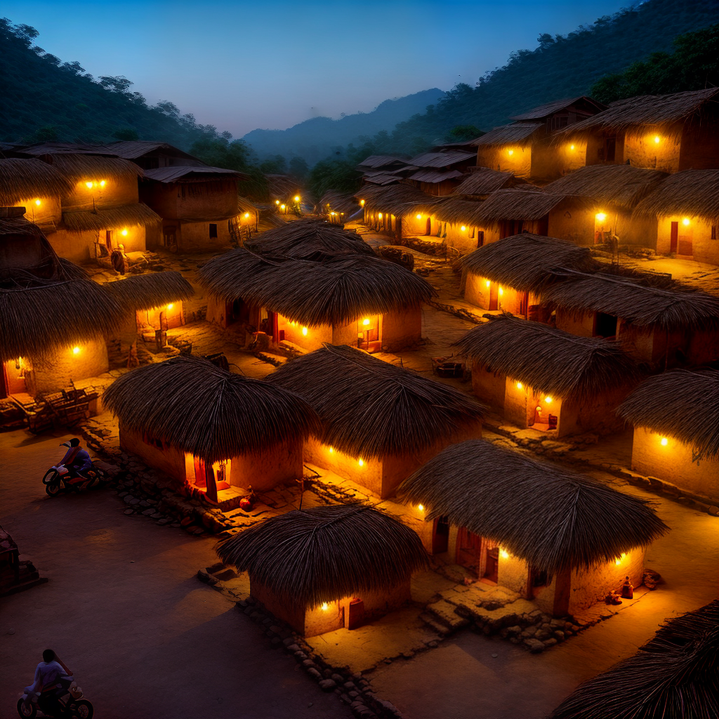create a evening scene in a remote village in india
